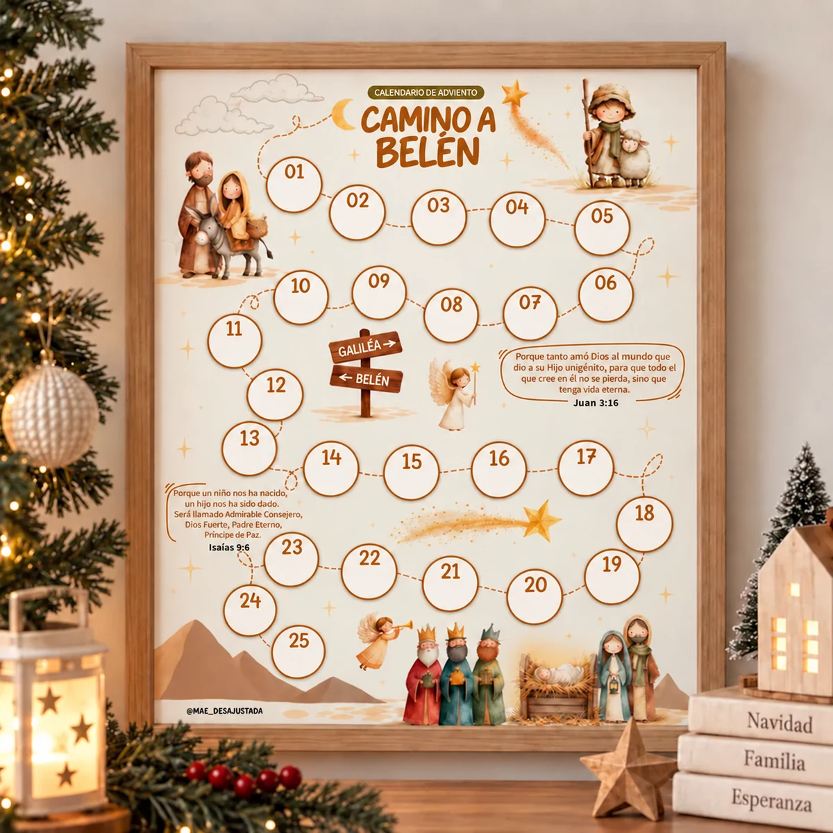 Camino a Belén enmarcado en una decoración navideña
