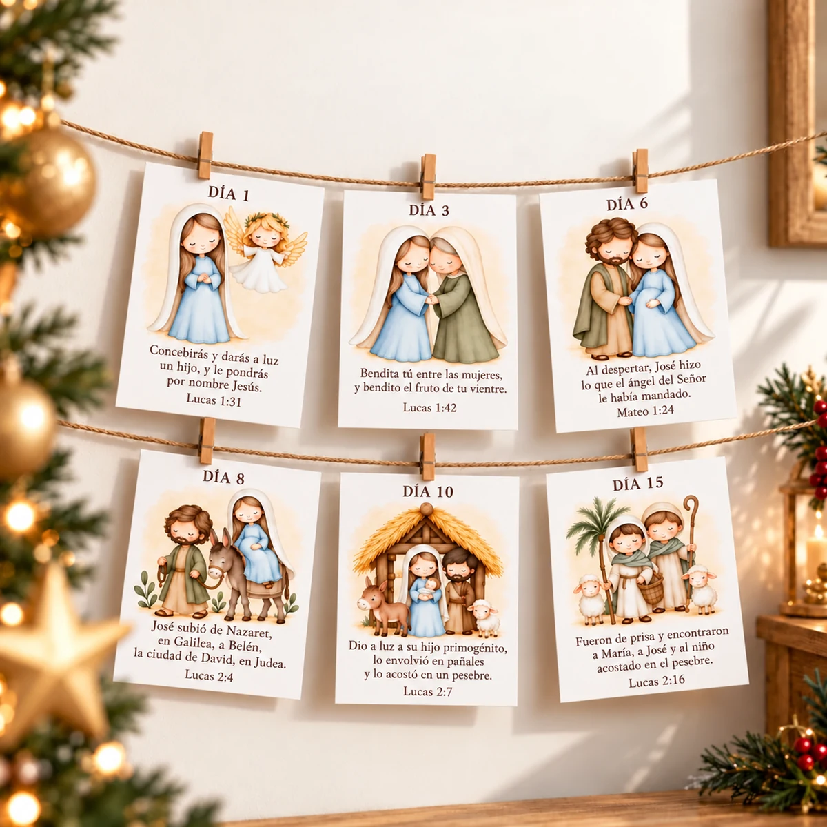 Guirnalda de Navidad con tarjetas ilustradas y versículos bíblicos