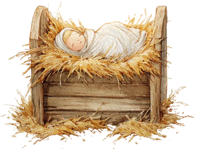 Niño Jesús descansando en el pesebre, en acuarela.