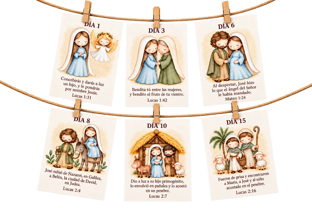 Guirnalda de Adviento con seis tarjetas en acuarela que ilustran la historia del nacimiento de Jesús y sus versículos.